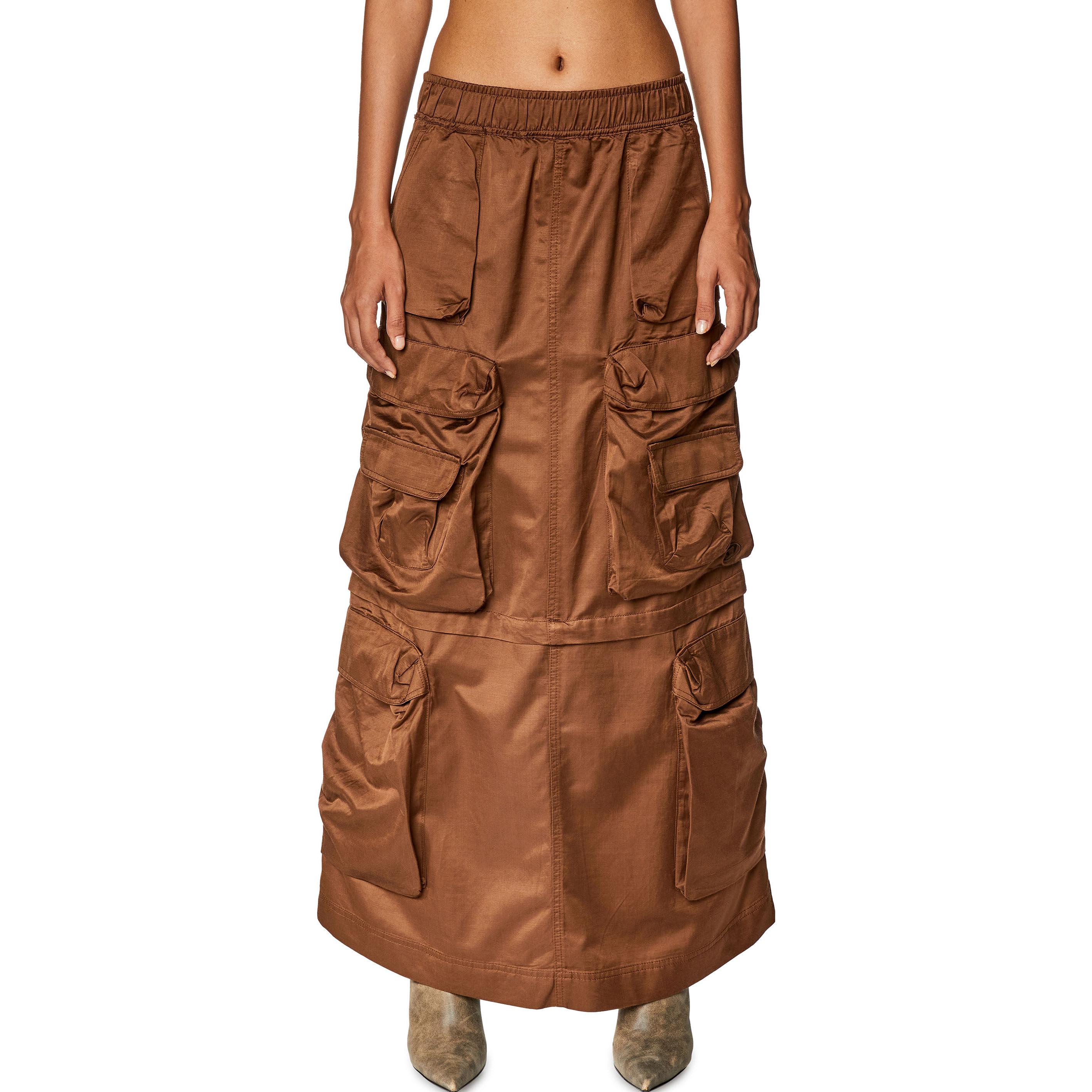 Lookbook 디젤 솔리드 컬러 유틸리티 캐주얼 롱스커트 카키. A106640CKAJ-78V