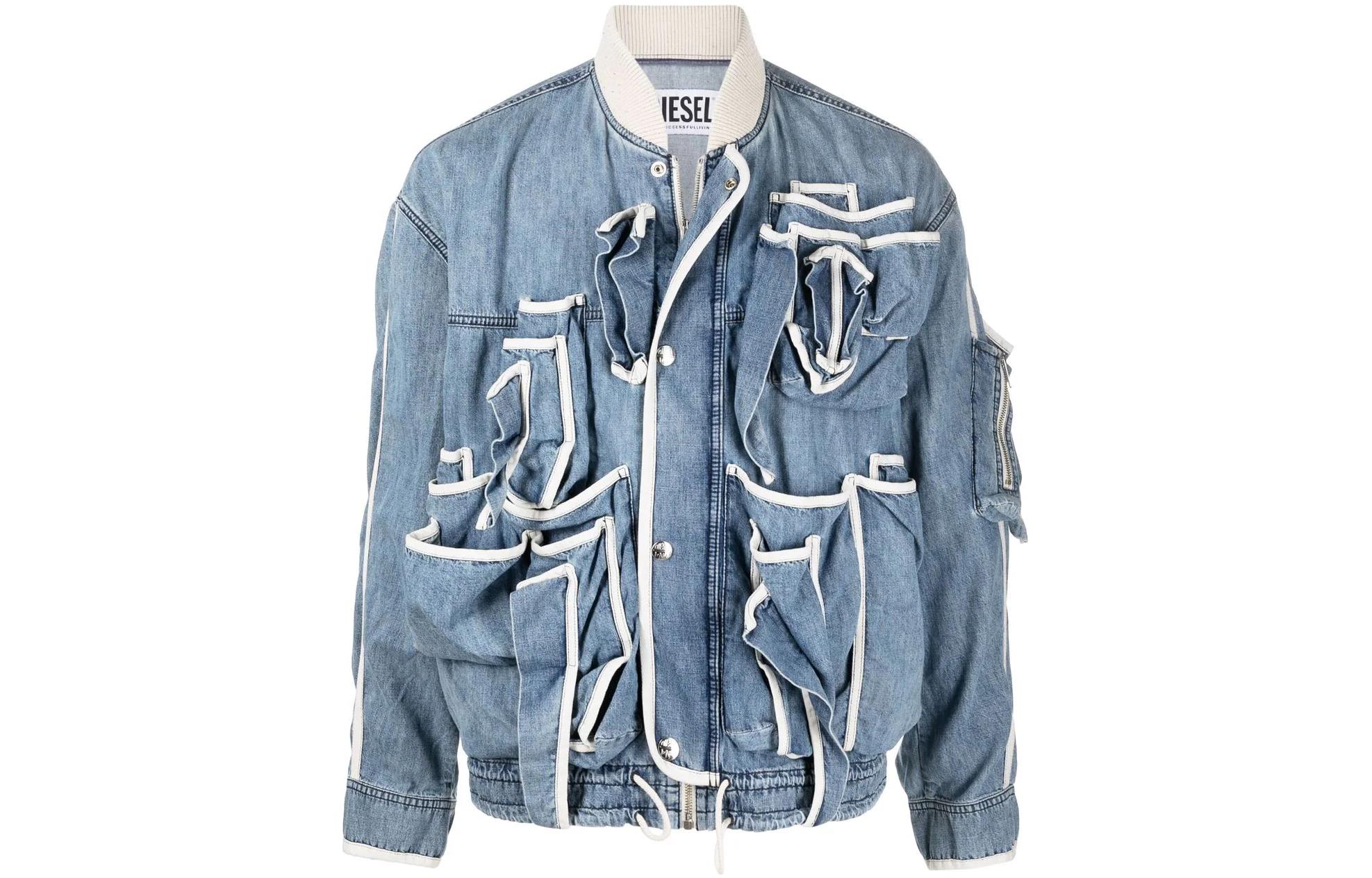 Diesel SS22 Blue Washed Denim Bomber Jacket with Drawstring Hem A060190EIAQ