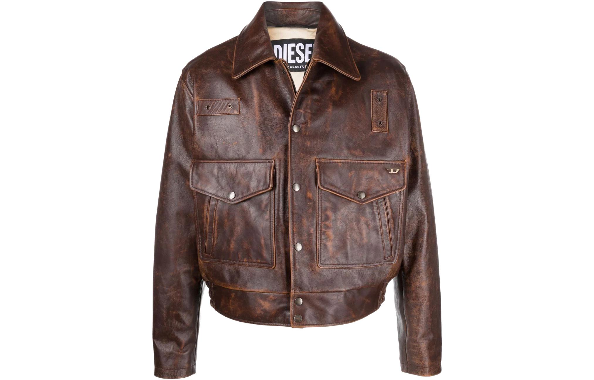 Diesel SS22 Brown Leather Aviator Jacket A036940CFAK7CJ