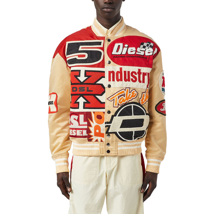 Shop DIESEL SS22 Retro Printed Patch Bomber Jacket Beige Jaket Lelaki. A04982RBBAG-7DV