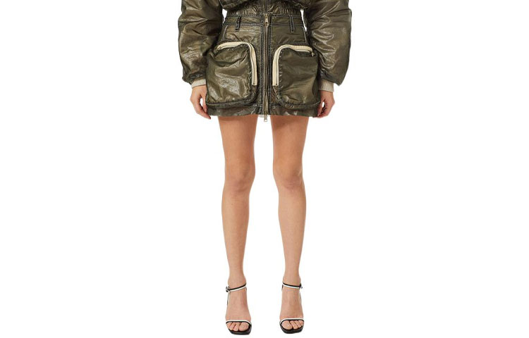 DIESEL SS22 Retro Solid Green Zip Pocket Midi Skirt A049450LCAW-5BS