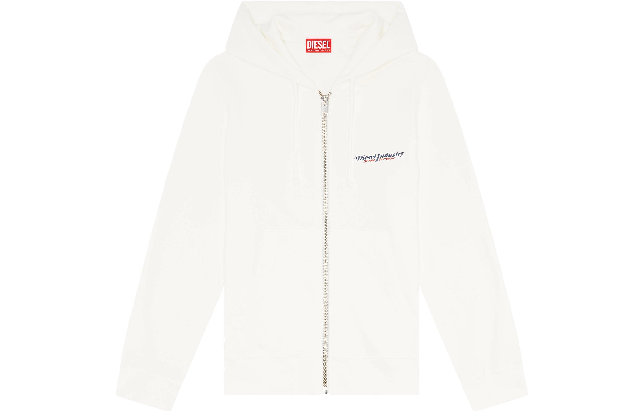 Diesel SS22 White Logo Print Kangaroo Pocket Zip Hoodie Jacket A037450AJIHBIANCO
