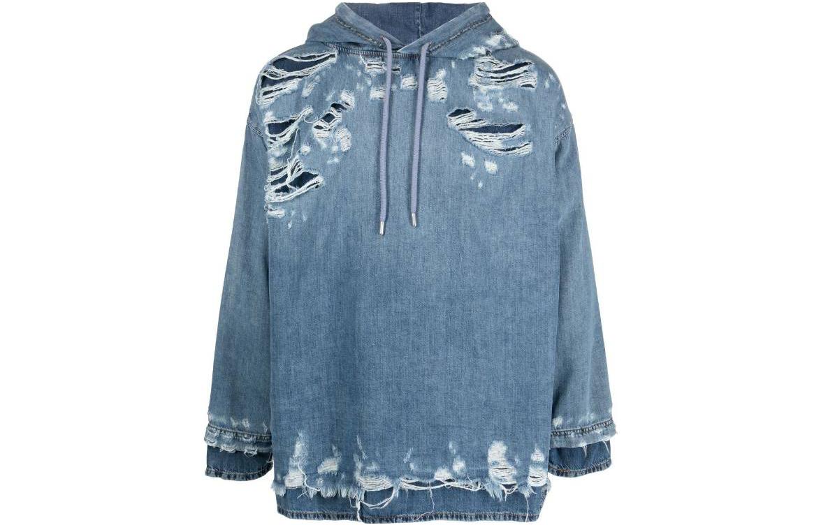 DIESEL SS23  Blue Washed Distressed Denim Hoodie Long Sleeve Sweater A096910EMAF01