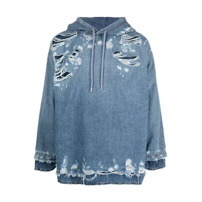 DIESEL SS23 Blue Washed Distressed Denim Hoodie Long Sleeve Sweater A096910EMAF01