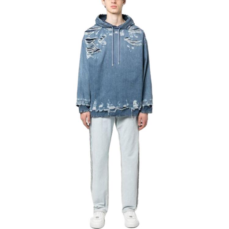 Lookbook 디젤 SS23 블루 워시드 디스트레스 데님 후드 롱슬리브 스웨터 A096910EMAF01