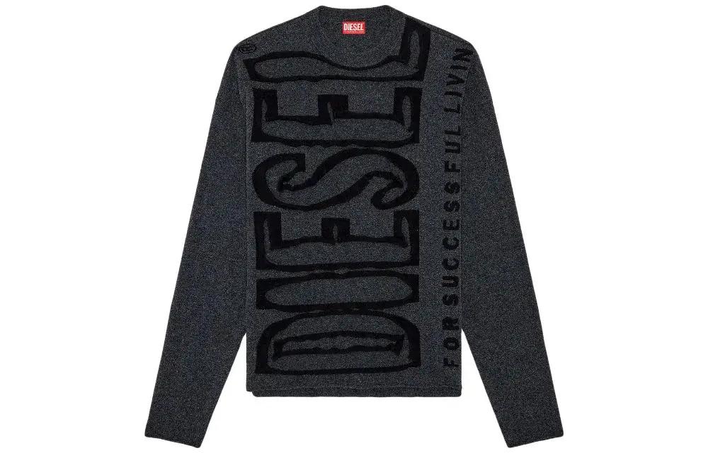 DIESEL SS24  Black Wool Pullover Knit Sweater with Super Logo Print. A124470BNBD-93R