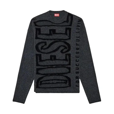 DIESEL SS24 Black Wool Pullover Knit Sweater with Super Logo Print. A124470BNBD-93R