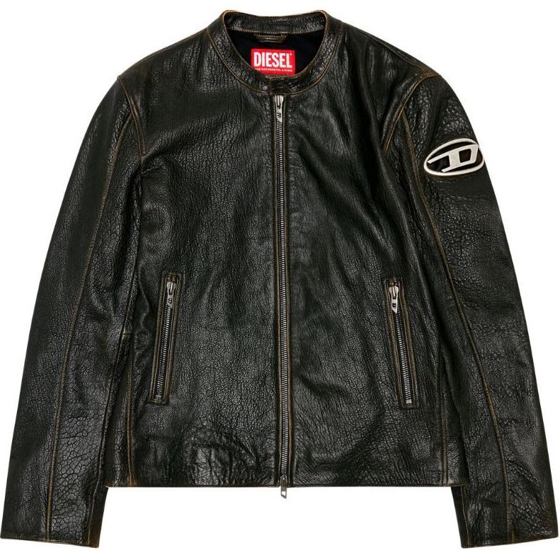 DIESEL SS24  Brown Oval D Logo Leather Jacket with Zipper and Relaxed Fit. A119610CHAL-7BB