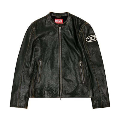 DIESEL SS24 Brown Oval D Logo Leather Jacket with Zipper and Relaxed Fit. A119610CHAL-7BB