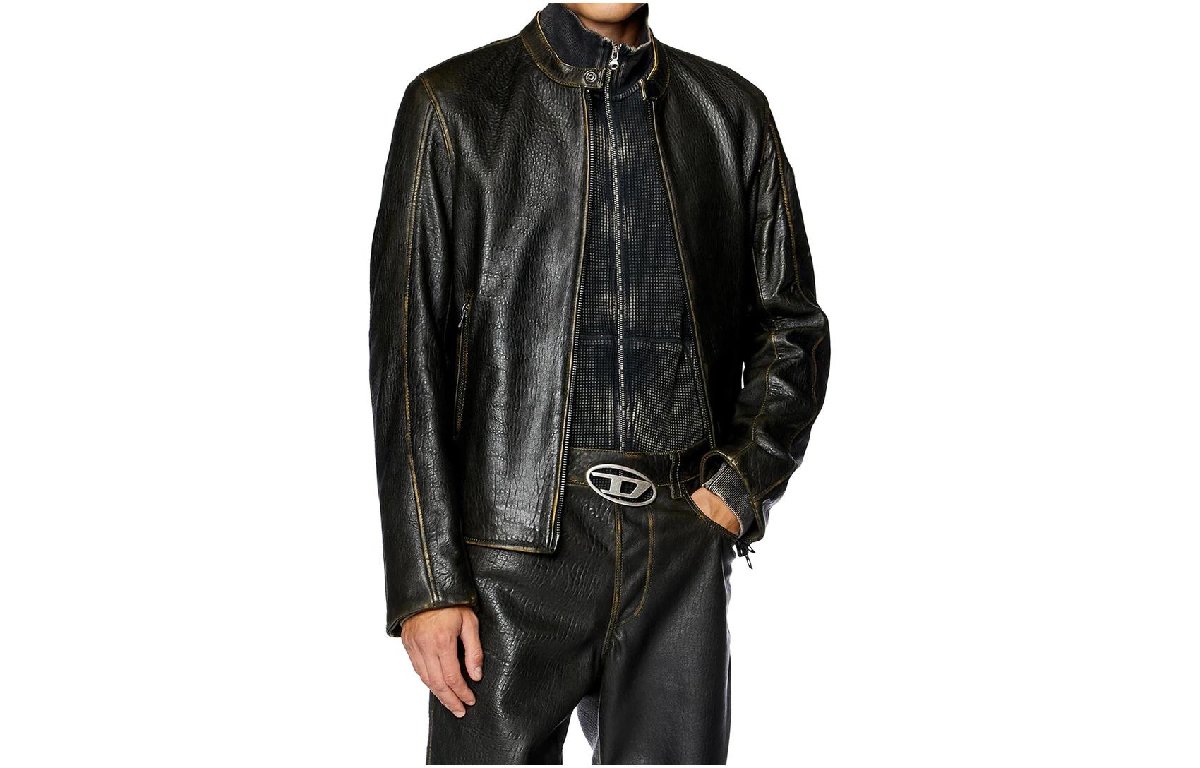 Order DIESEL SS24 棕色D标志拉链真皮夹克宽松版型外套。 A119610CHAL-7BB