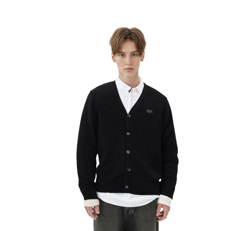 Purchase DIESEL SS24  Loose Fit Black Knit Cardigan with Oval Cut-out Design. A130040GEAY-9XX