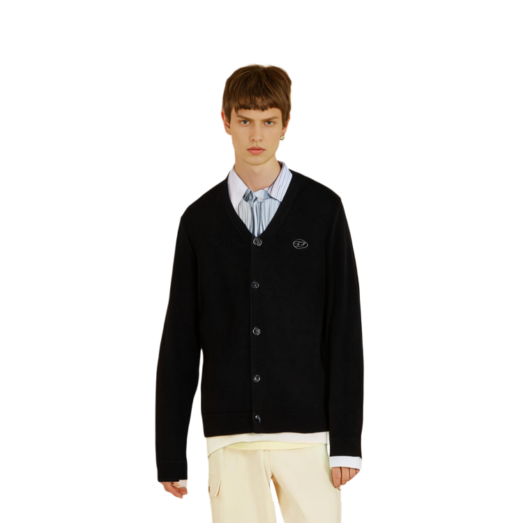 Sizing DIESEL SS24  Loose Fit Black Knit Cardigan with Oval Cut-out Design. A130040GEAY-9XX
