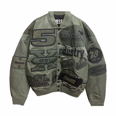 DIESEL SS24 Retro Letter Print Bomber Jacket in Military Green. A04982RBABG5BS