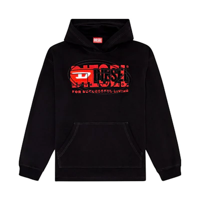 Diesel SS24 Black Hoodie with Layered Logos and Graphic Print A121530IAJHS-9XX