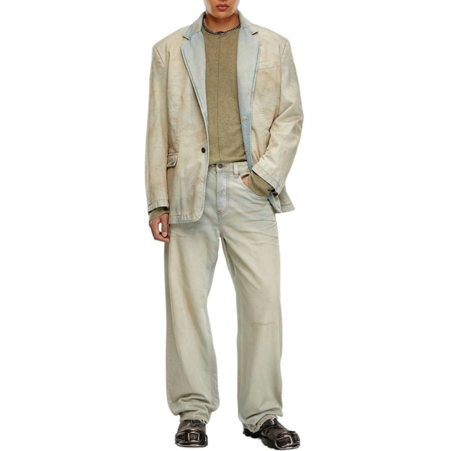 Shop ディーゼル SS24 D-MACRO ミッドライズ ルーズ ワイドレッグ ウォッシュジーンズ ライトブルー メンズ A1282109H60-01