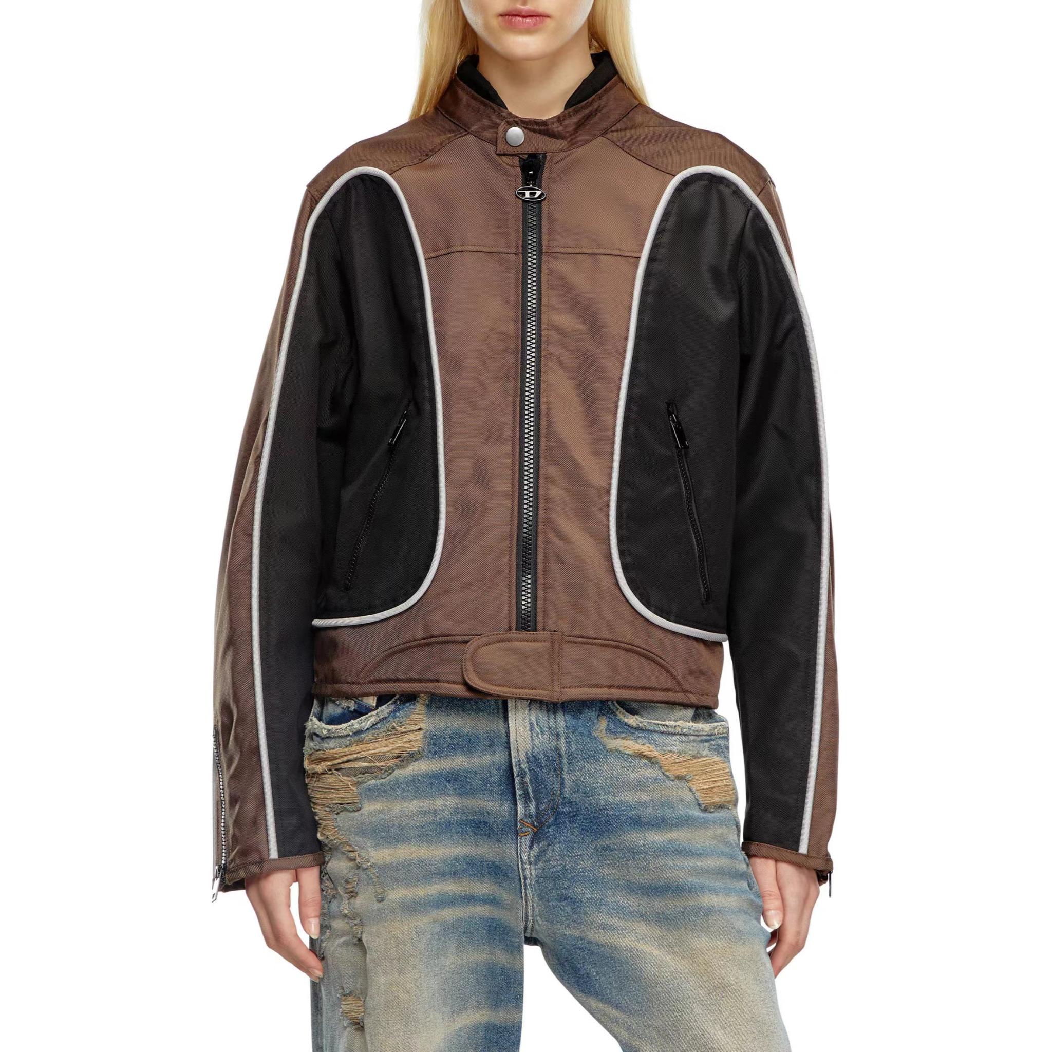 Lookbook DIESEL SS24 Jaket Zip Unisex Multi-Poket Warna Blok Hitam/Coklat A061320PDAI7ES