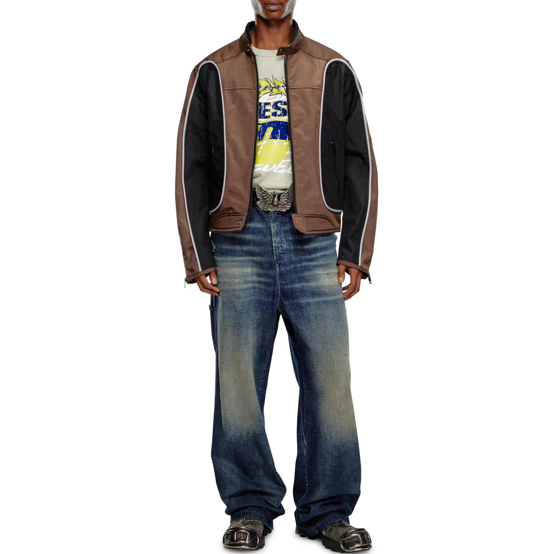 Details for DIESEL SS24 Jaket Zip Unisex Multi-Poket Warna Blok Hitam/Coklat A061320PDAI7ES