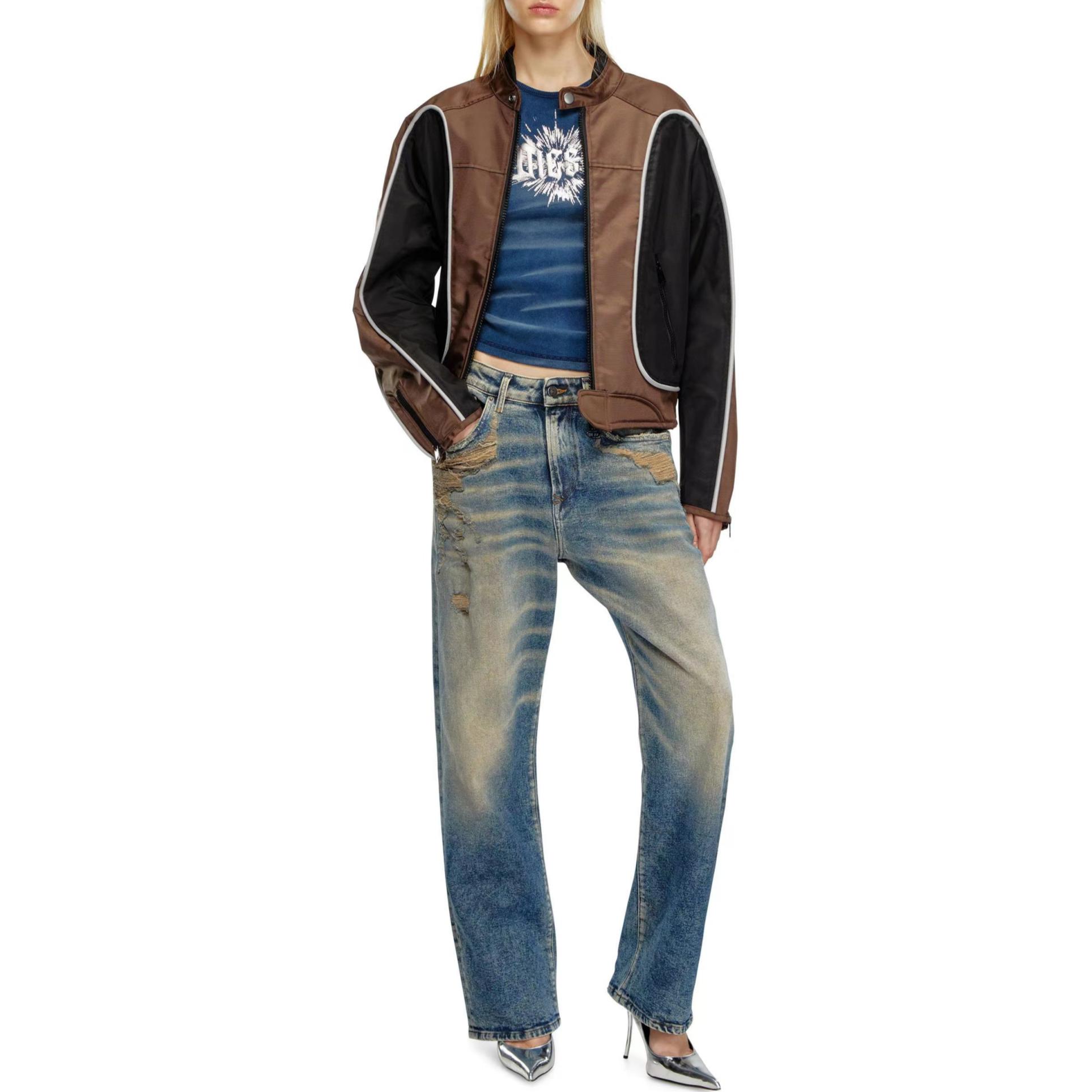 Sizing DIESEL SS24 Jaket Zip Unisex Multi-Poket Warna Blok Hitam/Coklat A061320PDAI7ES