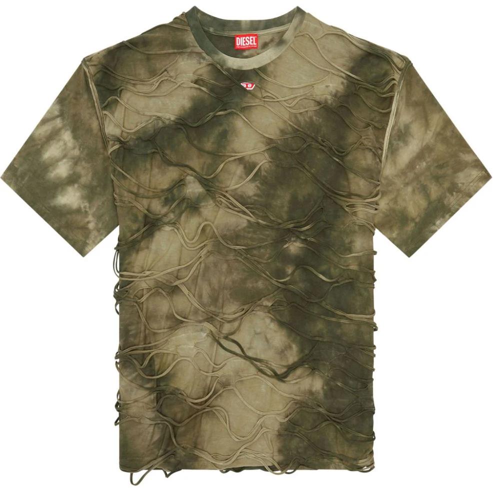 DIESEL SS24 Olive Green Textured Tie-Dye Crewneck Straight-Fit T-Shirt Men A148520ANAY-51F