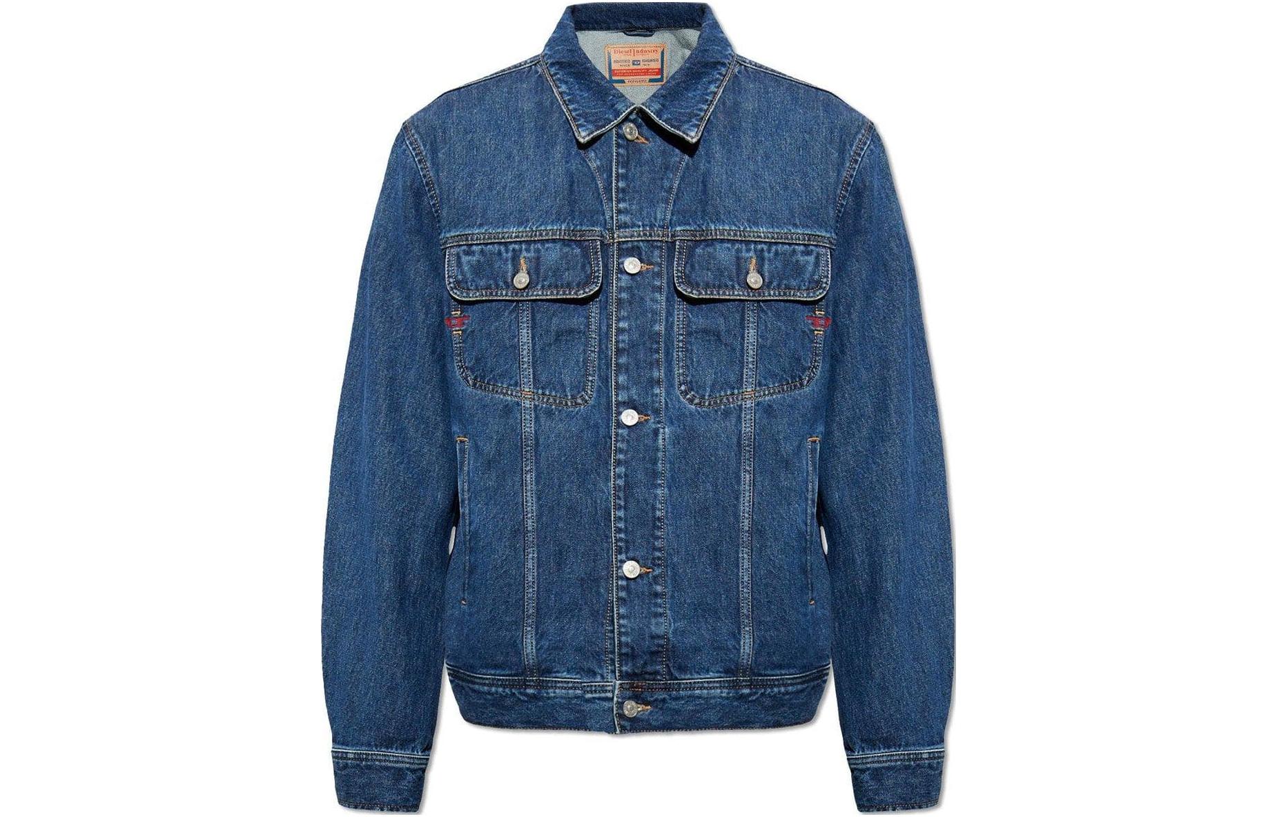 Diesel SS24 OVAL-D Blue Solid Color Button-Up Jacket with Collared Fit A0388509I2701