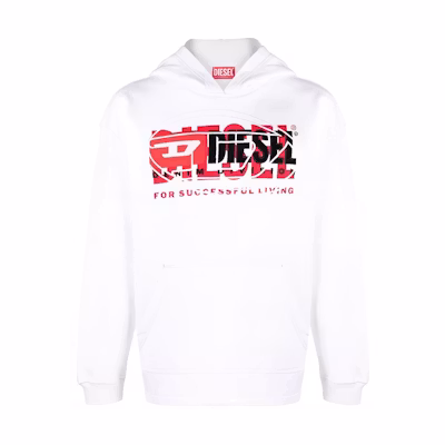Diesel SS24 OVAL-D Logo Print White Hoodie Pullover Men’s Long Sleeve Casual Wear A121530IAJH-100