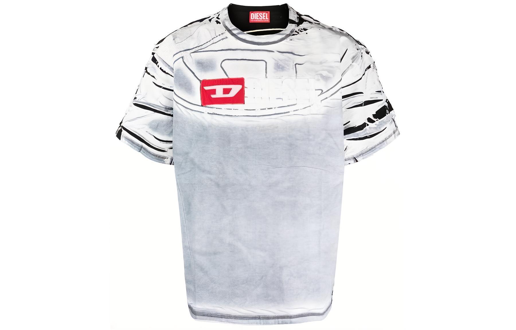 DIESEL SS24 Oval-D Stripe Letter Crewneck Slim Fit T-Shirt Men Grey White A122330QHAZ100A