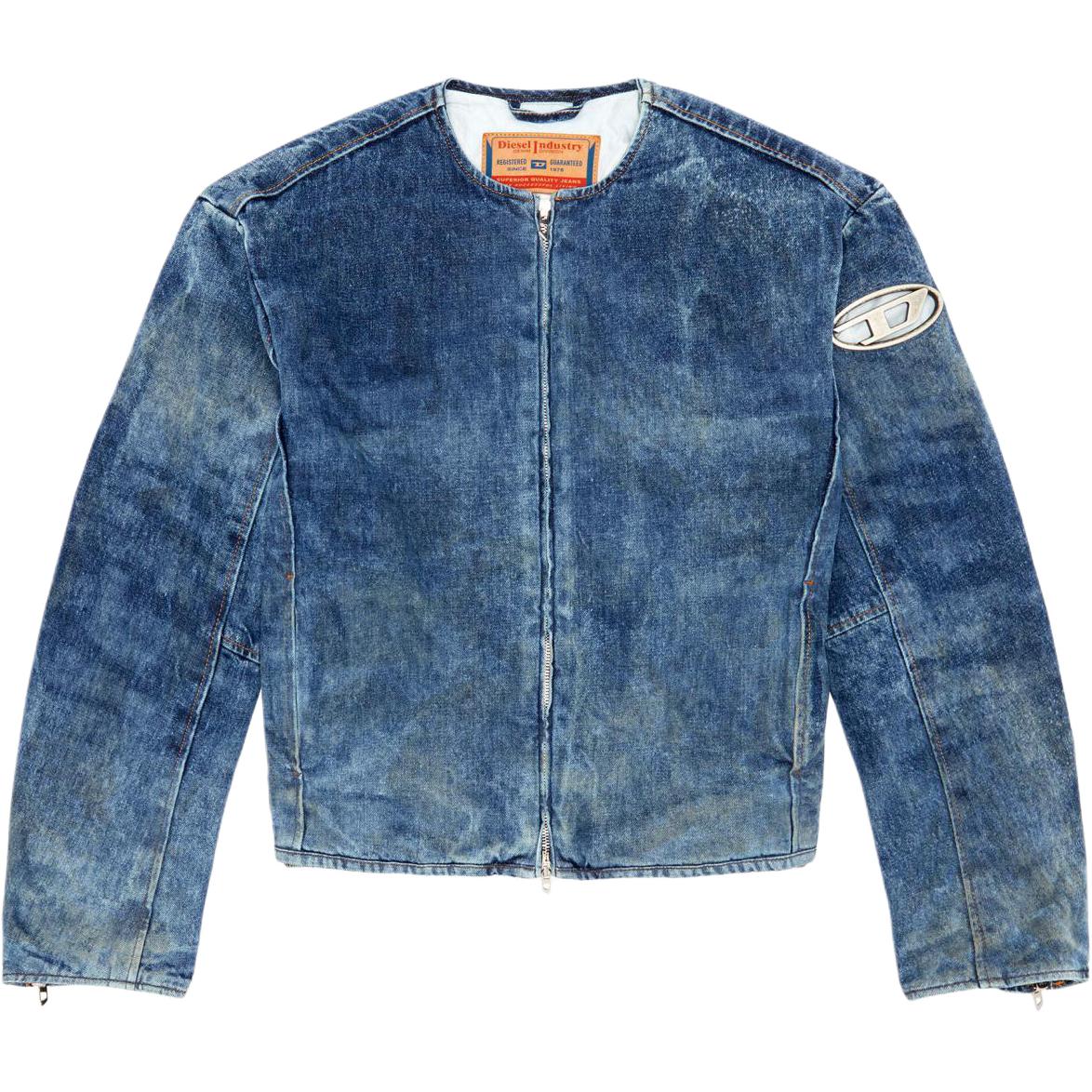 DIESEL SS24 Oval-D Vintage Washed Metal Logo Zip Jacket for Men in Dark Blue. A136490PGAX-01