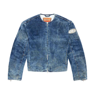 DIESEL SS24 Oval-D Vintage Washed Metal Logo Zip Jacket for Men in Dark Blue. A136490PGAX-01