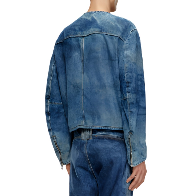 Shop DIESEL SS24 男士复古水洗金属标志暗蓝色拉链夹克. A136490PGAX-01