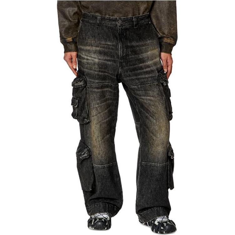 Lookbook DIESEL SS24 水洗破損寬版拉鍊牛仔褲 男款 - 深藍色 A130880GHAA