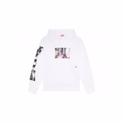 Diesel White Hoodie with Front Graphic and Kangaroo Pocket A035920IEAX-77I