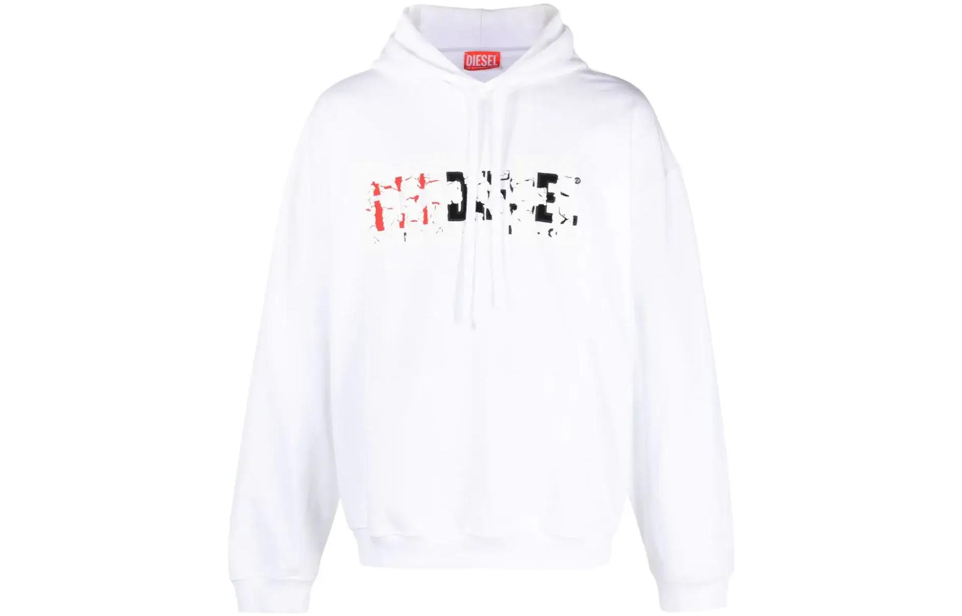 Diesel White Logo Drawstring Hoodie Pullover with Long Sleeves A117790IAJH-WHITE