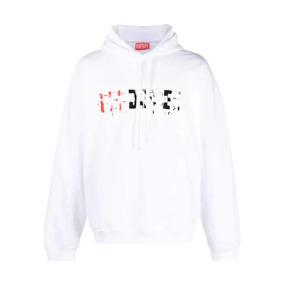 Diesel White Logo Drawstring Hoodie Pullover with Long Sleeves A117790IAJH-WHITE