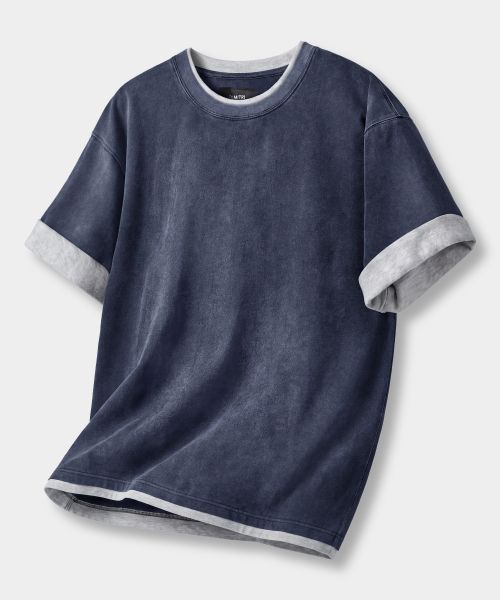 DIMITRI BLACK Color Block Layered Roll-Up Short Sleeve T-Shirt_Pigment Navy DBF5TS02NY