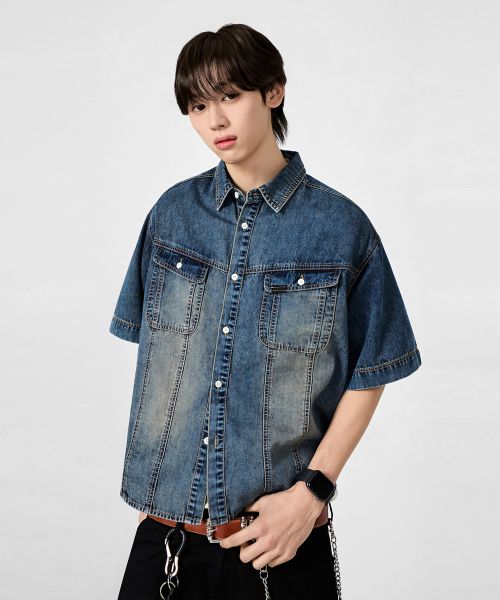 Shop DIMITRI BLACK 仿舊水洗丹寧外套式襯衫_黛藍色 DBF1SS01DI