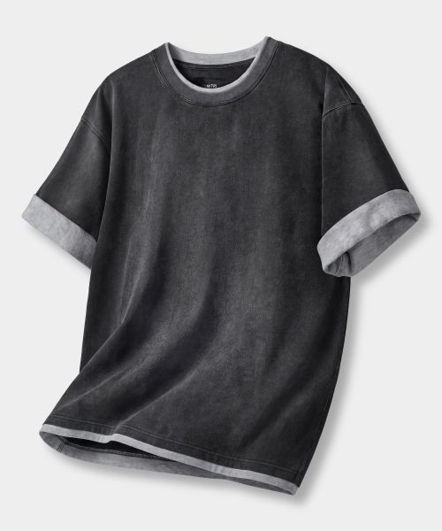 DIMITRI BLACK Two-Tone Layered Roll-Up Short Sleeve T-Shirt_Pigment Charcoal DBF5TS02CH