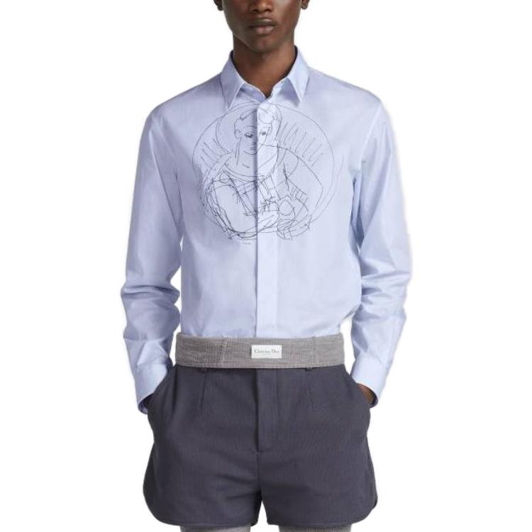 Shop DIOR 蓝色logo印花休闲长袖衬衫. 383C563A5802-C085