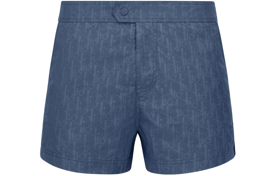 DIOR  Blue Mid-Waist Button Shorts with All-Over Logo Print. 293B102AB041-C531