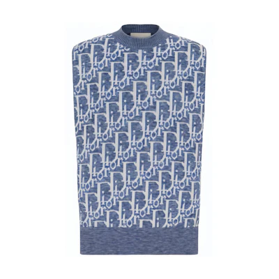 DIOR Blue Sleeveless Knitted Sweater with Logo Jacquard Pattern. 393M662AT662-C580
