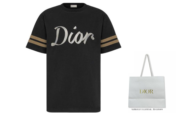 Shop DIOR FW22 條紋印花Logo黑色短袖T恤 293J659A0554-C980