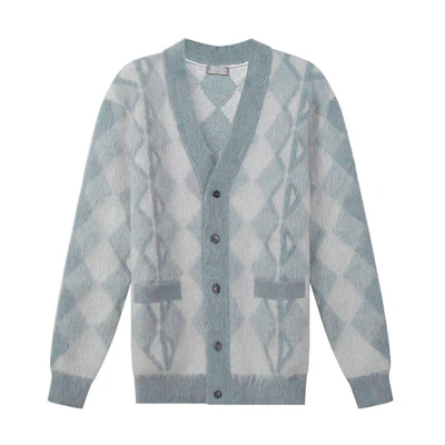 DIOR Grey-Blue Diamond Pattern V-Neck Knit Sweater. 213M236AT427-570