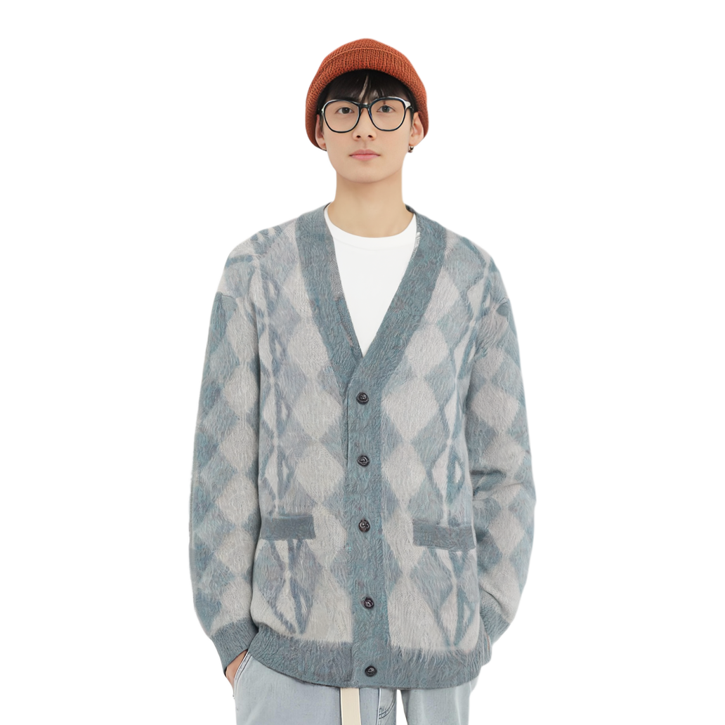 DIOR  Grey-Blue Diamond Pattern V-Neck Knit Sweater. 213M236AT427-570 圖 6