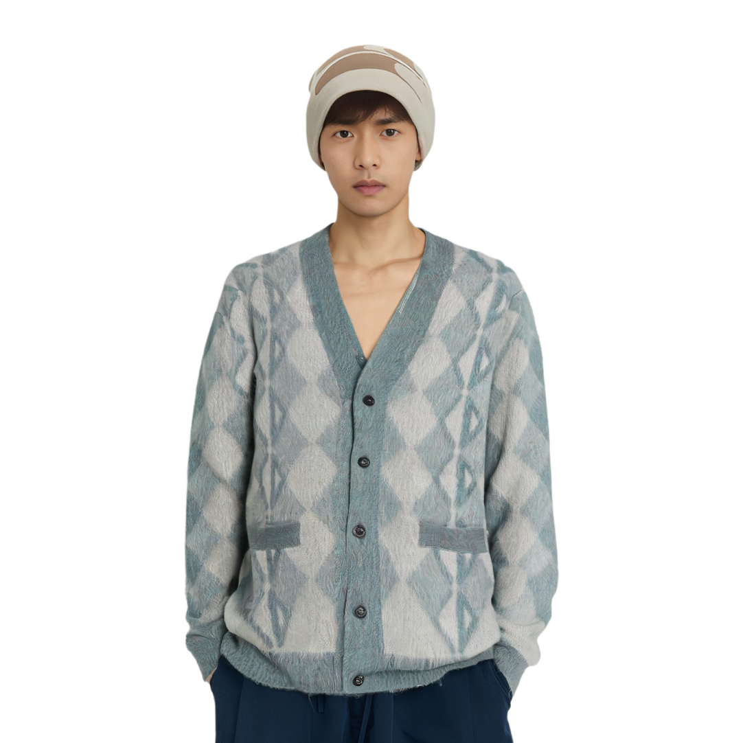 DIOR  Grey-Blue Diamond Pattern V-Neck Knit Sweater. 213M236AT427-570 圖 7