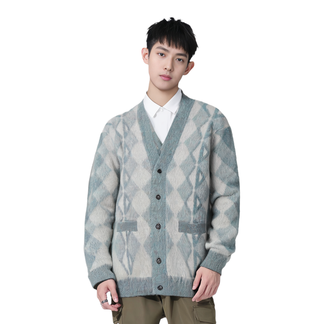 DIOR  Grey-Blue Diamond Pattern V-Neck Knit Sweater. 213M236AT427-570 圖 8