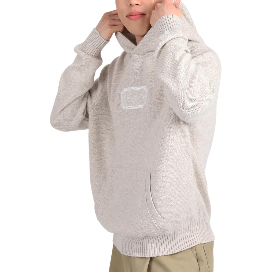 Shop DIOR  Grey Knit Pullover Hoodie with Letter Logo Design. 313M658AT474-C180
