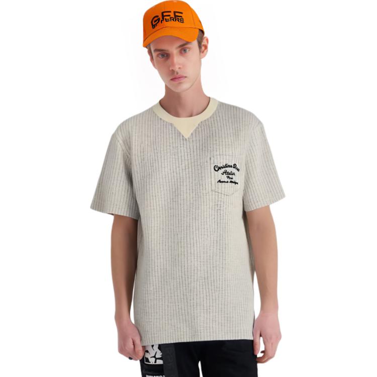 Cheap ディオール グレー ロゴプリント クルーネック 半袖 Tシャツ. 213J637A0739-C075