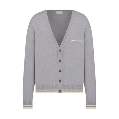 DIOR Grey Striped V-Neck Button-Up Knit Cardigan. 443M204AT879-C880