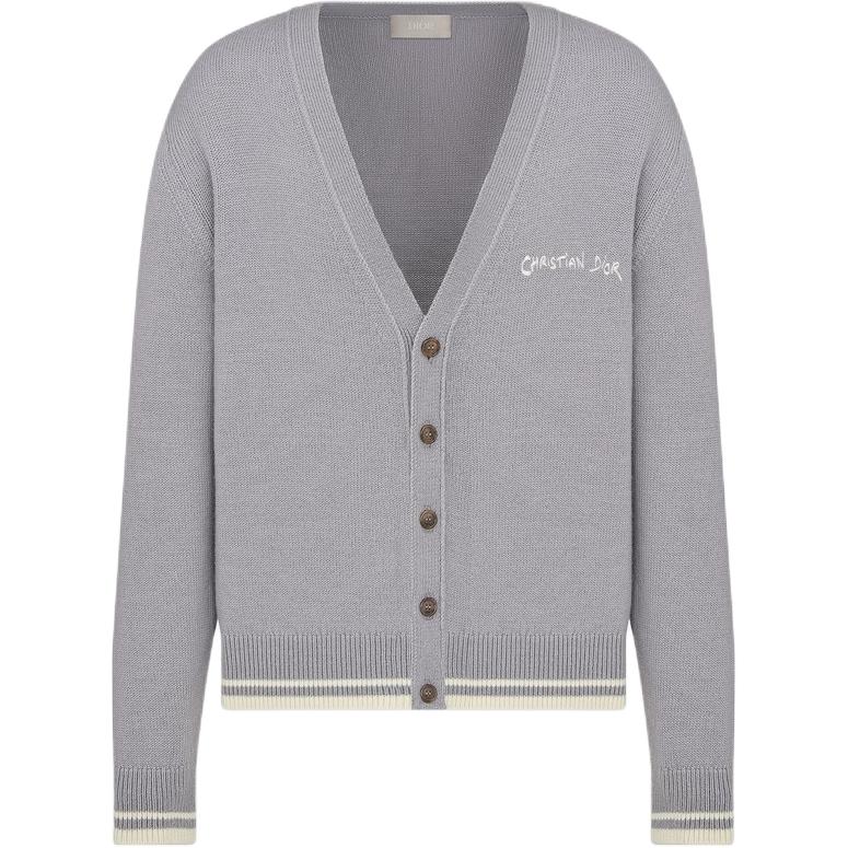 Order DIOR Kardigan Rajut Kelabu Berjalur Leher-V dengan Butang. 443M204AT879-C880