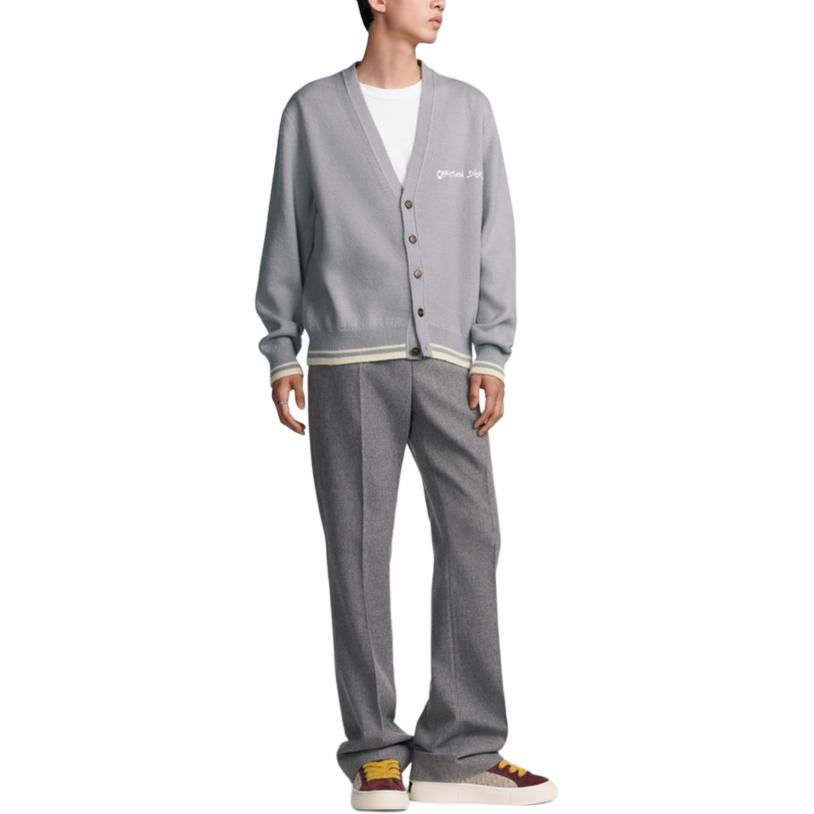 Shop DIOR Kardigan Rajut Kelabu Berjalur Leher-V dengan Butang. 443M204AT879-C880