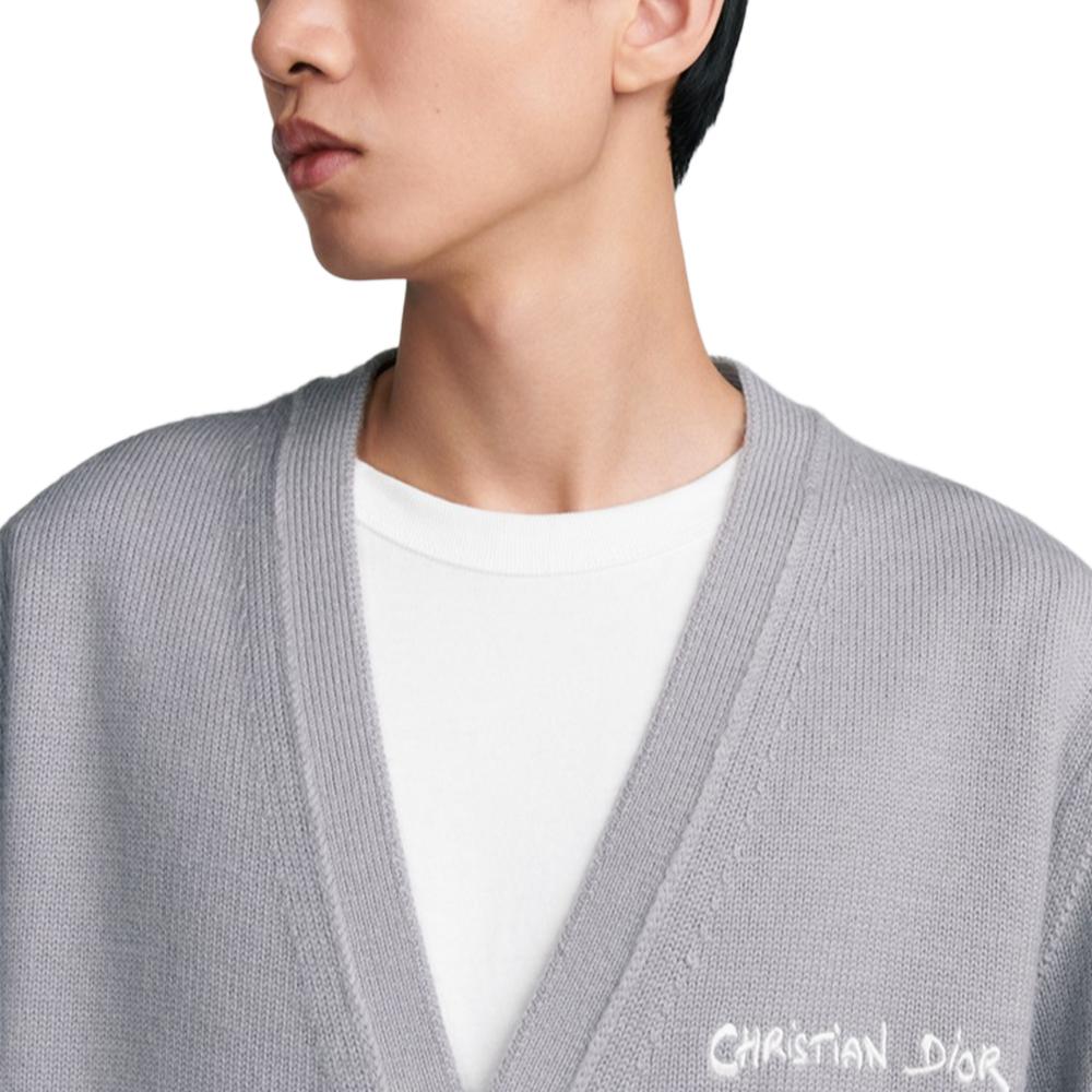 Cheap DIOR Kardigan Rajut Kelabu Berjalur Leher-V dengan Butang. 443M204AT879-C880